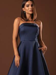 Strapless Party Dress With Cross-Back Closure - Navy Blue - View 3