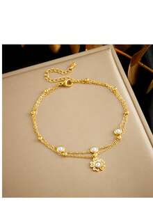 2-Layer Faux Pearl Flower Charm Anklet - Double-layer Anklet With Pearl Flower Pendant - View 2