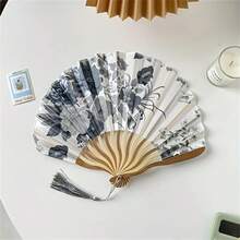 1 件精美复古水墨画折扇带流苏装饰 - 手工制作的中国风工艺扇，便携式设计，适合男女日常使用，母亲节礼物，春夏派对的最佳选择，图案位置随机，适合夏季清凉、海滩、旅行 - 彩色 - 查看 7