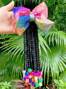 SprBuds 1pc Kids Braided Ponytail Hair Extension, Girls Ponytail With Beads Braids Hair Extension Detachable Synthetic Hairpieces With Bows Protective Easy Hairstyle For Girl Children Gift (Box-9inch) - Natural Black - View 4
