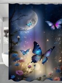 1/4 Pcs Butterfly Printed Bathroom Shower Curtain Set, Fashion Bathroom Decoration, Waterproof Fabric Shower Curtain Set With 12 Hooks, Anti-Slip Bathroom Mat, U-Shaped Toilet Seat Cover Bathroom Accessories