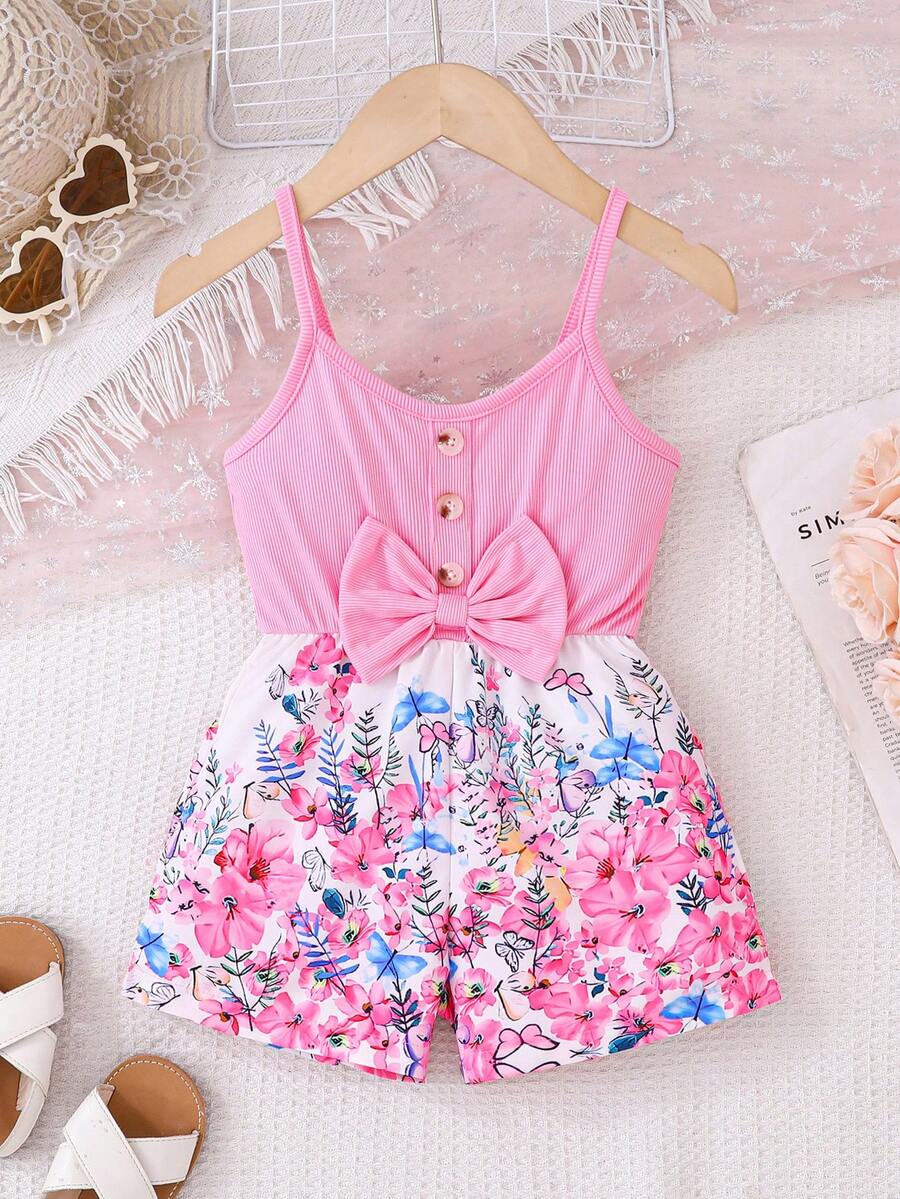 Young Girl' Fashion Casual Fuchsia Knit Cami Splicing Digital Floral Jumpsuit, Suitable For Outdoor, Vacation And Home, Summer - Pink - View 1