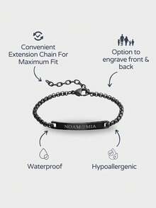 Customized Men's Engraved Stainless Steel Bracelet, 19+5cm Personalized Name Bracelet, Boyfriend Unique Name Gift, Customized Couple Name Bracelet, Unisex Laser Engraved Name Bracelet, Curved Beads Chain Bracelet, Father's Day Personalized Name Gift, Dad Bracelet - Black - View 7