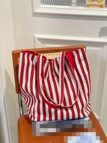 1 Bolso de hombro de diseño de doble cara con estilo de Doncella, bolso grande para niños, bolso de estudiante de gran capacidad, bolsa de tutoría, bolsa de almacenamiento, bolsa casual portátil, adecuada para compras, fiestas, vacaciones, eventos festivos, entretenimiento y otras ocasiones. Decoración con parche de letra y rayas de contraste de color, un regalo perfecto para chicas jóvenes, estudiantes adolescentes, etc.