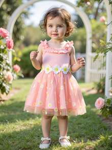 Baby Girl Cute Daisy Pattern Mesh Ruffle Hem Strap Patchwork Daisy Trim Mesh Dress, Summer - Pink - View 3