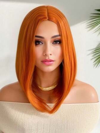 Elegant Ombre Women'S Bob Wig, Heat Resistant Synthetic Fiber, Straight Medium Parted High Density Wig With Buckle Net Cap