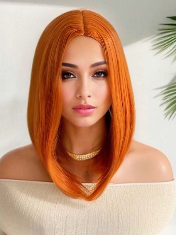 Elegant Ombre Women'S Bob Wig, Heat Resistant Synthetic Fiber, Straight Medium Parted High Density Wig With Buckle Net Cap