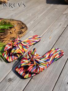 WRCVS Sandals bệt phong cách Bohemian sọc màu sắc trang trí nơ lớn, dép đi biển tiệc tùng quyến rũ cho nữ, giày mùa hè - Nhiều màu - Xem 6