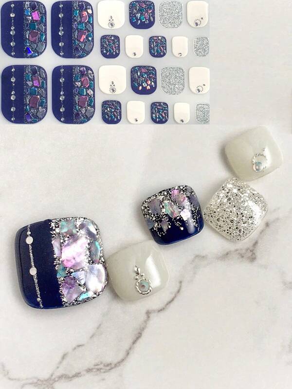 22pcs Blue Gradient Shell & 3D Rhinestone Decal Nail Art Stickers, Beach Style