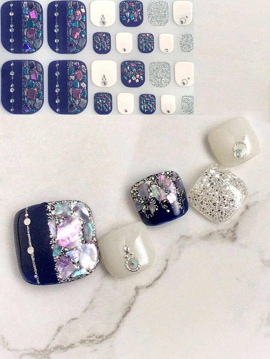 Blue Ombre Seashell Foil 3D Crystal Beach Design 22pcs Toe Nail Art Stickers - Multicolor - View 1