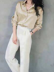 Blusa de satén casual para mujer, camisa con botones y diseño de cuello, elegante para la oficina y uso casual, primavera y verano - Champán - Ver 9