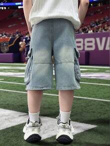 青少年男童夏季休闲工装牛仔短裤 - 淺藍色 - 查看 3