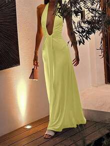 Women's Elegant Deep V-Neck Hollow Pleated Maxi Dress - Halter Neck Fitted Style, Suitable For Christmas Parties, New Year's Eve, Wedding Guests And Formal Occasions - Yellow - View 9