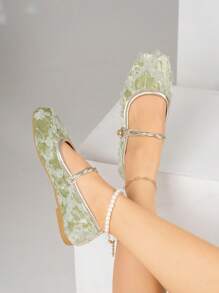 Women's Flat Shoes, 2025 Summer New Square Toe Open-Toe Velvet Lace Rose Foot Strap Hook & Loop Flat Shoes, Green Loafers, Mary Janes, Ballet Flats, Suitable For Everyday Wear With Dresses, Fashion Flats, Plus Size