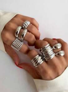 8pcs/6pcs/5pcs Simple Metal Chunky Jewelry Ring Set, Vintage Coin Style Rings For Women, Suitable For Beach, Dating, Daily Casual, Party Accessories