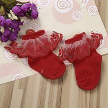 Infant Baby Girls Ruffle Socks, Sweet Eyelet Frilly Lace Princess Ankle Socks With Sunflower Applique - Red - View 3