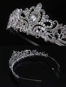 1pc Luxury Zirconia Crystal Bridal Crown Headband, Austrian Elegant Geometric Baroque Gemstone Style Jewelry, Wedding Bride, Birthday Party Gift, Cosplay Photography, School Dance Tiara Valentine's Day Accessories - Silver - View 4