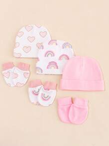 3pcs Set Baby 0-3M Infant Girls Soft Protective Hedging Hat+Gloves 4 Seasons Set, Suitable For Newborn Hospital And Daily Wear