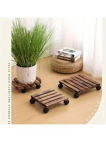 Heavy Duty Rustic Wood Plant Cart With Lockable Metal Wheels | Indoor/Outdoor Garden & Terrace Trolley | Sturdy Mobile Decorative Stand For Pot Transportation & Plant Moving - Multicolor - View 8