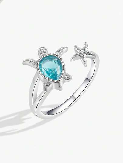 1pc European And American Fashion Elegant Ocean Series Sea Turtle Open Ring, Suitable For Summer Beach Vacation