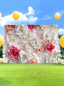 1pc 3D Pink And White Paper Flowers Wall Photography Backdrops Floral Roses Party Banner 59.1*39.4/82.7*59.1/106.3*70.9 Inches Newborn Shower Bridal Wedding Birthday Anniversary Photo Background Indoor Outdoor Romantic Decoration Supplies