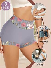 MEIYATING 5pcs/Pack High Waist Women's Briefs With Print Pattern, Abdomen Control And Buttock Lift