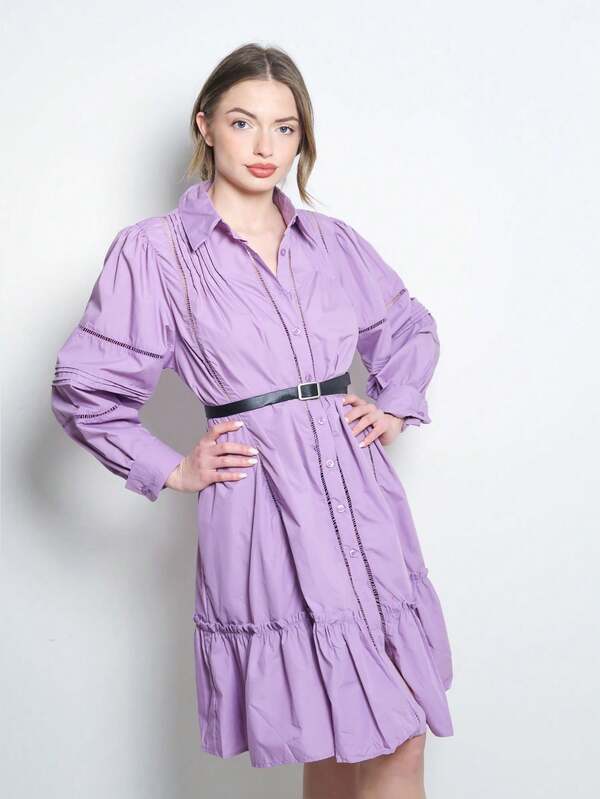 Camisa larga casual de mujer de un solo pecho plisada de manga larga y unicolor