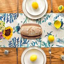 Sea Turtle, Jellyfish, Coral, Seaweed Summer Runner, Seasonal Holiday Kitchen Dining Table Decor, Home Party Indoor - Blue - View 7