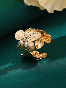 1pc Women's Flower Textured Fashion Personalized Open-Ended Adjustable Ring, Suitable For Party & Daily Wear - Yellow Gold - View 5