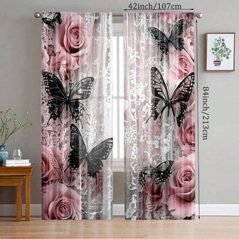 2 件优雅粉色花卉和黑色蝴蝶薄纱窗帘 - 可机洗，蕾丝边薄纱，杆袋设计，适用于卧室、客厅、办公室装饰