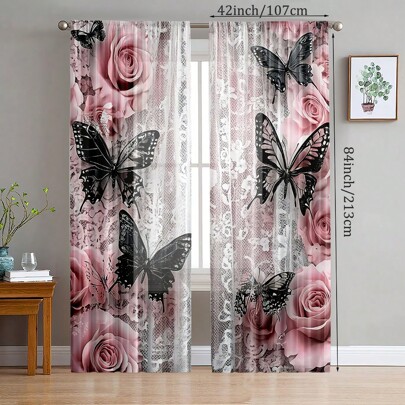 قطعتان ستائر شفافة وأنيقة بزخارف وردية من الزهور والفراشات السوداء - قابلة للغسل في الغسالة، مرصعة بالدانتيل، بتصميم جيوب عصا، لديكور غرفة النوم وغرفة المعيشة والمكتب