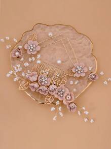 3pcs/Set Bridal Wedding Hair Accessories, Pink Fabric Flower Hairpin & Comb Combo