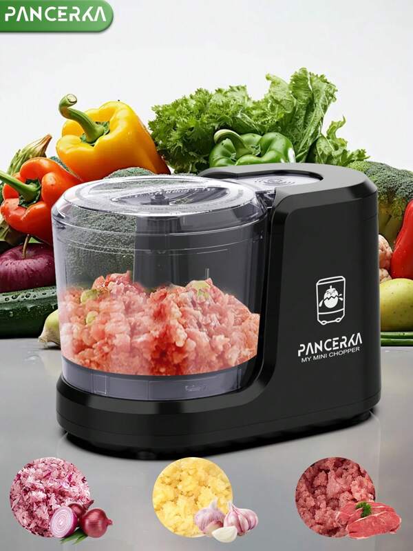 PANCERKA Hachoir électrique pour légumes, robot culinaire, hachoir électrique pour aliments, blenders pour cuisine et robot pour aliments pour bébé, mélangeur 3 tasses, pour couper en dés, hacher et faire des purées, noir (prise UE)