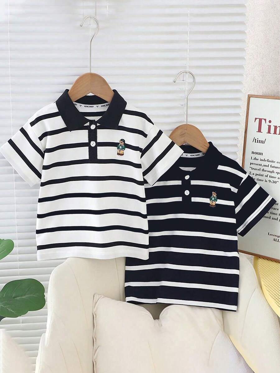 M.Dian xi 2pcs/Set Boys' Striped Short Sleeve Polo Collar T-Shirt, New Summer Tops - Black and White - View 1