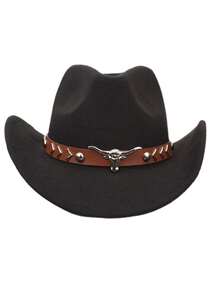 1 Men's Polyester Western Cowboy Hat, Unisex Vintage Style Hat, Bull Shape Decoration, Suitable For Daily Casual Wear, Western Cowboy Party, Bar Cowboy (One Size Fits All)