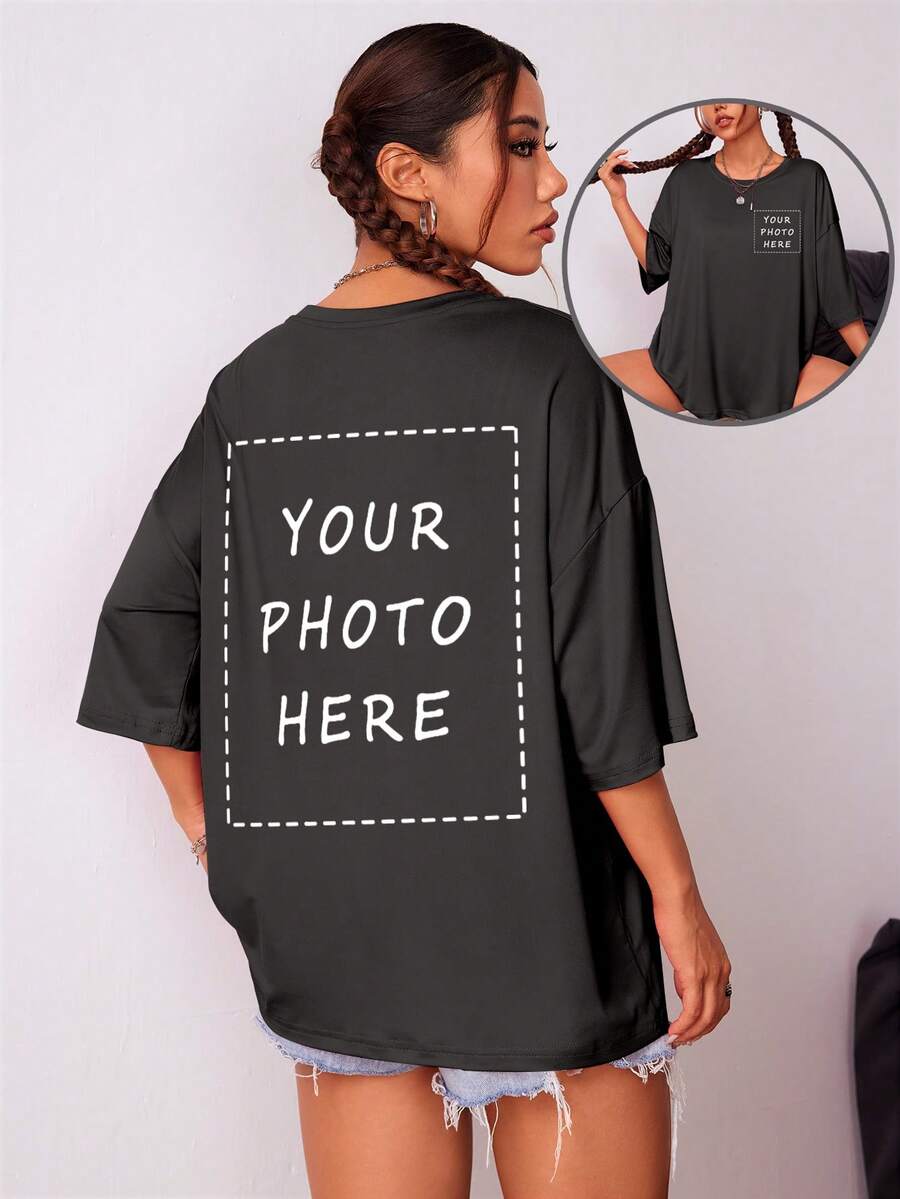 Quà tặng cá nhân hóa theo yêu cầu, -- Áo thun nữ đơn tùy chỉnh, Thêm văn bản/hình ảnh của riêng bạn (Mẫu huy hiệu/Logo công ty/Ảnh gia đình/Ảnh tự chụp | Kỹ thuật số), Thiết kế in ấn cá nhân hóa của riêng bạn, Áo thun đen mùa hè làm quà tặng, Thời trang Preppy cho gia đình - màu đen - Xem 1