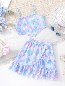 年轻女孩夏季度假美人鱼鳞片印花吊带背心上衣和不对称荷叶边下摆短裙 2 件套 - 紫色 - 查看 1