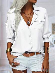 Womens Solid Lapel Long Sleeves Button Down Shirt Top Casual Basic Office Blouse - trắng - Xem 1
