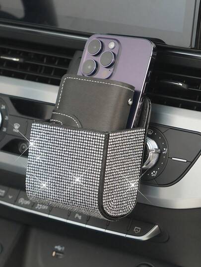 Car Air Vent Storage Box - Diamond Inlaid Leather Storage Box For Cell Phones, Cards And Small Items, Multifunctional Holder With Large Storage Capacity, Easy Access And Secure Installation, Perfect For Keeping Your Car Clean And Organized, Strong Load-Bearing Capacity, Does Not Affect Driving, Compact Size, High Practicality, Can Meet Daily Needs, Air Vent Storage Bag Inlaid With Diamonds