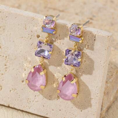 قرط معلق مزين بالزركونيا الملونة الاصطناعية، قطعة يدوية الصنع مع اختلافات في الشكل واللون وموضع النمط ، قطعة واحدة