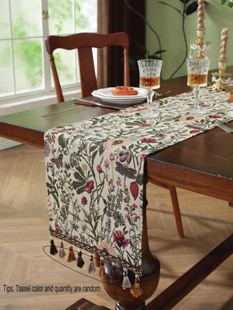 1 pieza Camino de mesa con tejido jacquard floral y flecos, adecuado para habitación/mesa de comedor/decoración del hogar, apto para vacaciones, fiestas, cumpleaños, bodas y banquetes, color y cantidad de flecos al azar