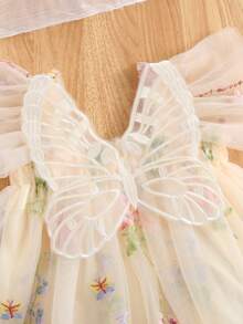 1pc Girls Cute & Elegant Princess Butterfly Decor Cap Sleeve Floral Embroidery Tulle Tutu Party Dress, Beach Holiday Sundress For Spring, Summer, Autumn - Champagne - View 4