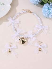 3pcs/Set Girls Lace Bow Heart Faux Pearl Beaded Necklace & Earrings Jewelry Set - Multicolor - View 4