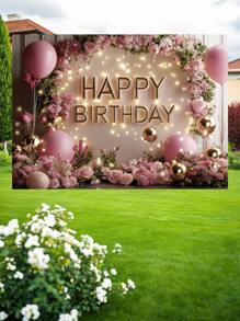 1pc 3D Floral Happy Birthday Photography Backdrops Pink Golden Balloons Flowers Party Banner 59.1*39.4/82.7*59.1/94.5*70.9/106.3*70.9 Inches Roses Green Leaves Photo Background Indoor Outdoor Newborn Shower Decoration Supplies