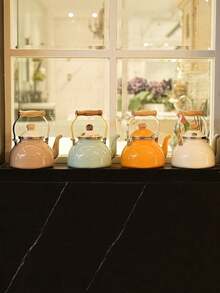 1pc Nordic Style Whistle Enamel Wood Handle Kettle, Multifunctional All-Season Durable High-Temperature Resistance Tea Pot, Coffee Pot, Cold Water Pot, Milk Tea Pot, Unbreakable Oil Pot, Highly Attractive Special Fireside Tea Pot, Fresh Home Desktop Decor, Special Drinkware For Birthday, Holiday Gathering, Outdoor Camping, Picnicking Portable Water Bottle - Whistling Kettle - View 5