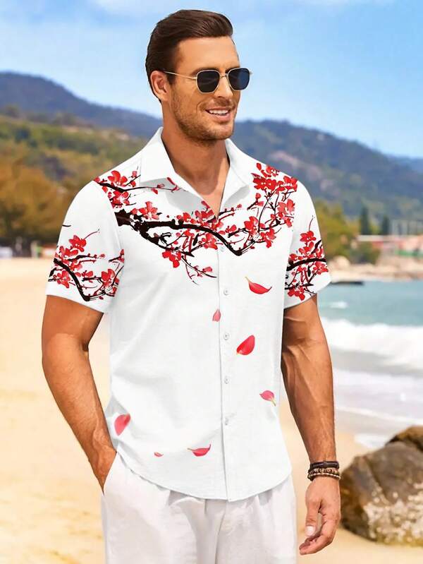 Camisas de manga corta con estampado de tiburón, casuales para hombres, de verano