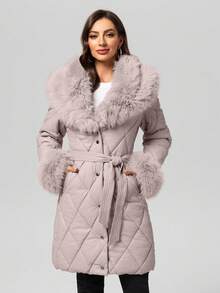 Chaqueta acolchada para mujer Risissida para exteriores con cuello de piel sintética, cinturón con ribete - Abrigo acolchado minimalista largo para otoño e invierno