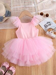 1pc Girls Lovely Elegant Princess Sweet School Ballet Tulle Flounce Strappy Tutu Dress, Costume For Party, Birthday, Beach Holiday, Dance Performance, All Season - Pink - View 2