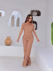 Conjunto feminino colete e calça pantalona viscose sensorial estruturada clássico elegante casual