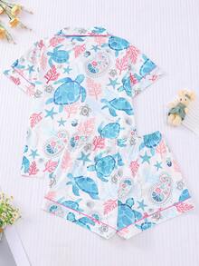 2 件套海龟与海洋元素印花女士睡衣套装，带翻领和纽扣的短袖衬衫和宽松弹力短裤，适合节日、派对、休闲户外和室内穿着，四季皆宜
